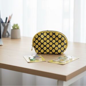 Yellow Smiley Pouch with Smile pins and Erasers NWT